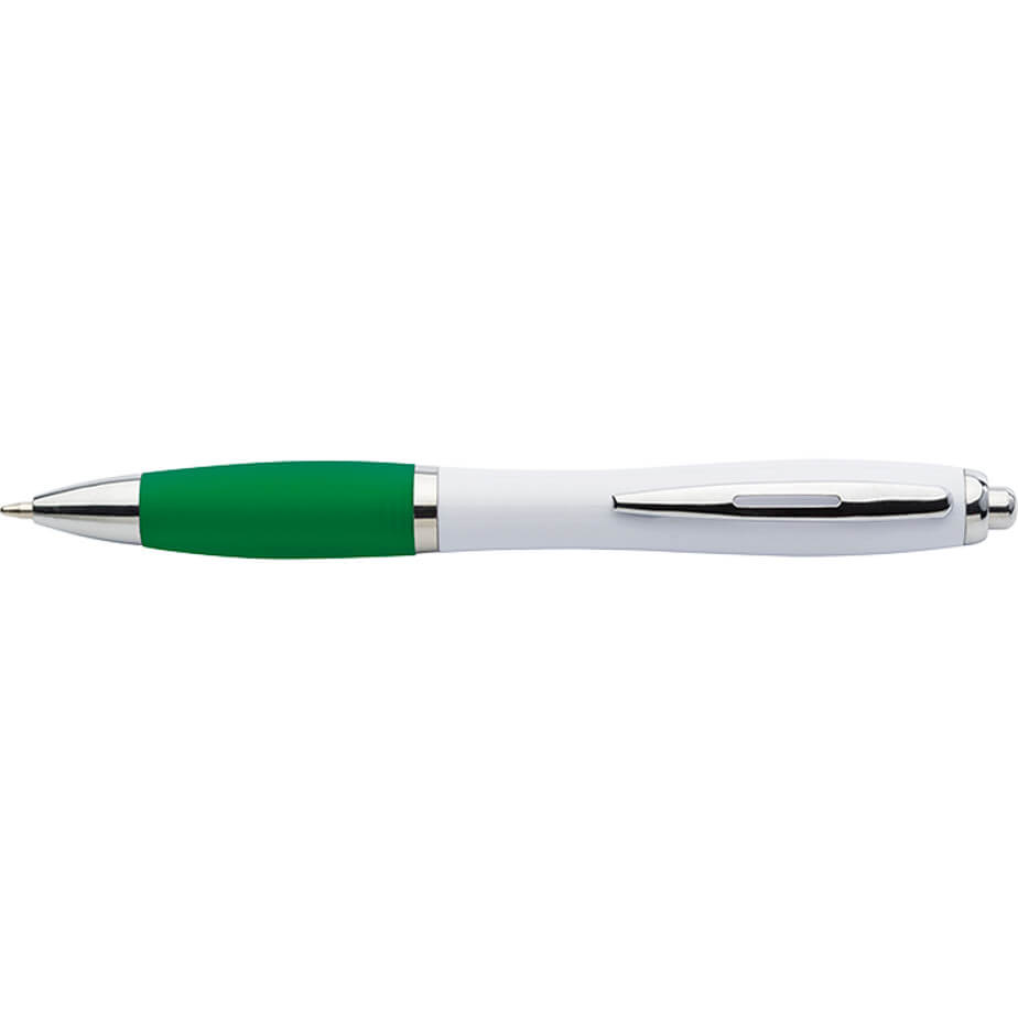 White Barrel Curved Design Ballpoint Pen with Coloured Grip