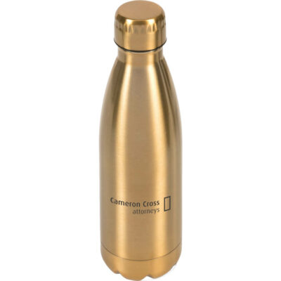 The Serendipio Discovery Vacuum Water Bottle is a gold double wall stainless steel bottle with a screw on PP lid and a 500ml capacity