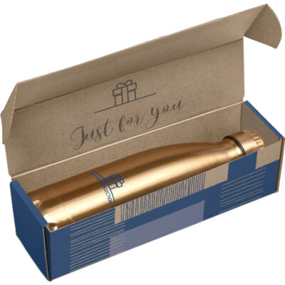 The Discovery Bottle In Custom Gift Box is a gold double wall stainless steel water bottle with a PP liner, screw on cap and 500ml capacity. Packaged in a E flute corrugated cardboard gift box