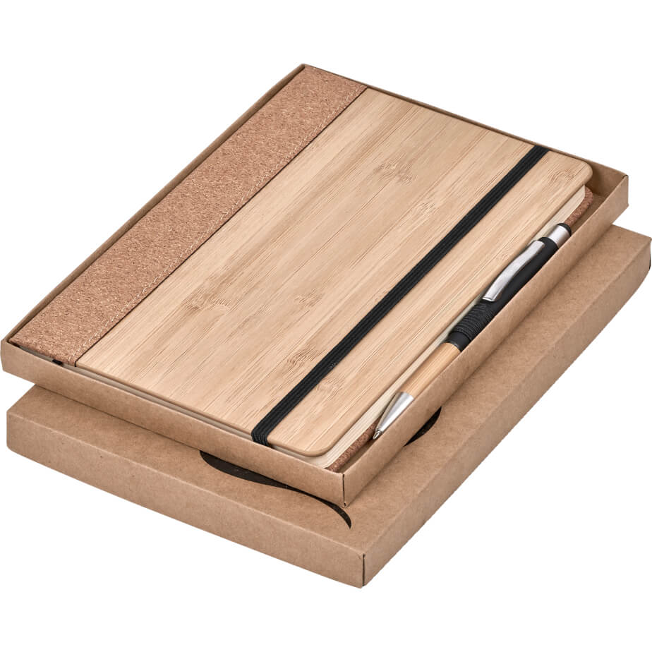Okiyo Eri Bamboo & Cork Notebook & Pen Set Gift Box Open