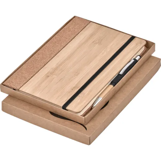 Okiyo Eri Bamboo & Cork Notebook & Pen Set Gift Box Open