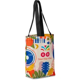 The Hoppla Bayside RPET Stitch-Bond Shopper is a white rectangular 110g/m2 stitch bond tote bag made out of recycled plastic bottles, with long black webbing handles Image