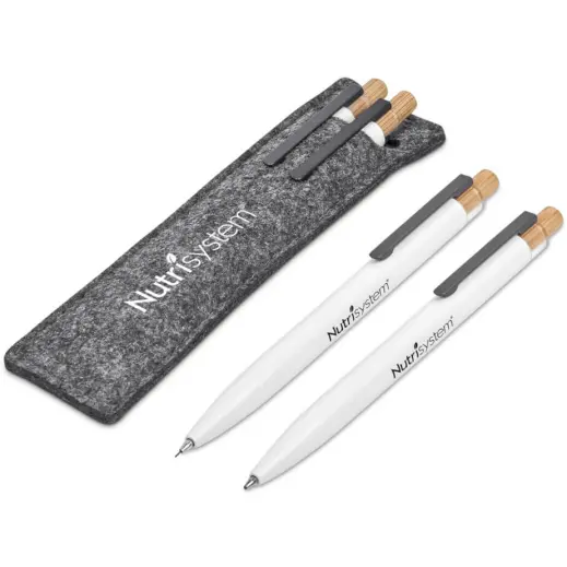Okiyo Mimo Recycled Aluminum Ball Pen & Pencil Set Solid White Branded