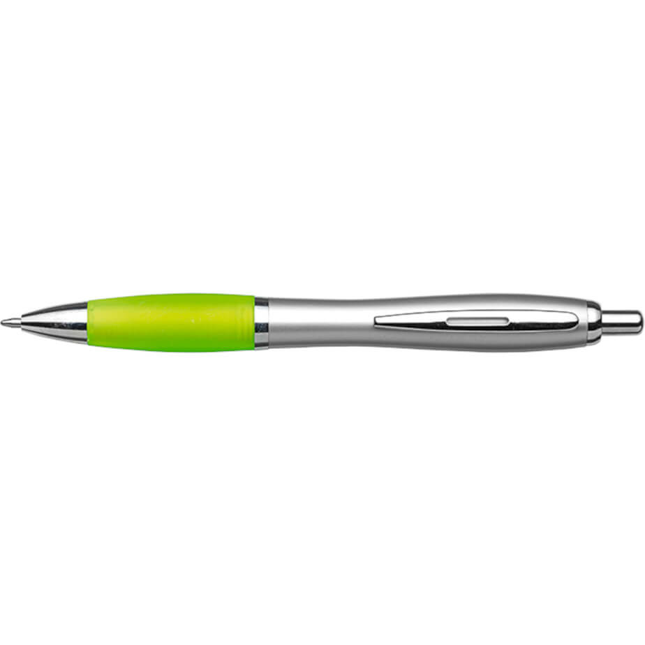 Silver Barrel Curved Design Ballpoint Pen with Coloured Grip - Lime Green