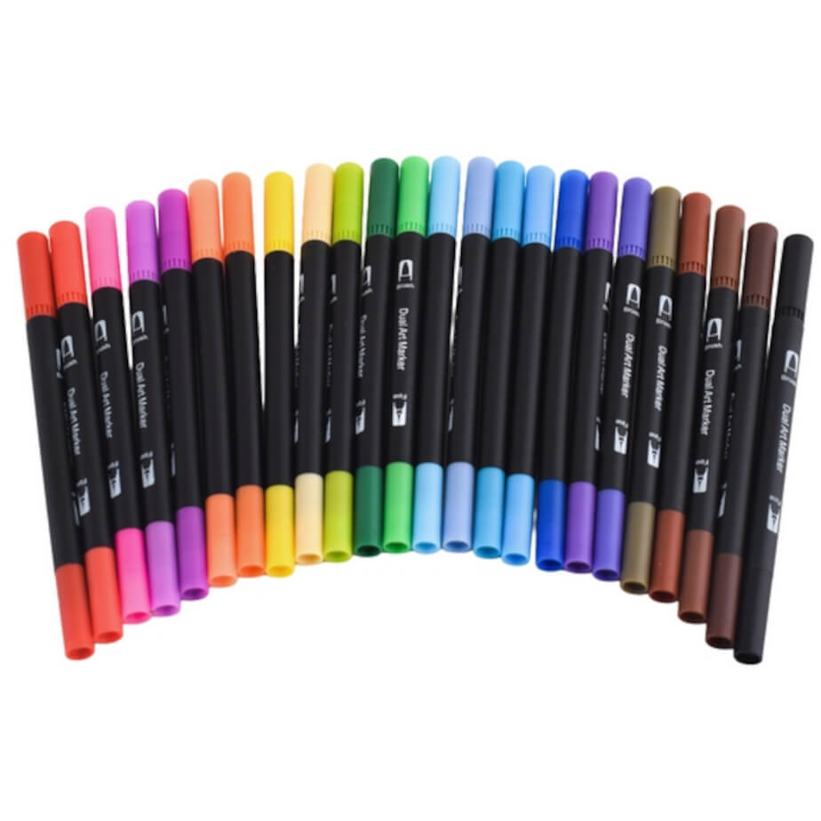 24-Piece Dual Tip Brush Pen Set Markers Display