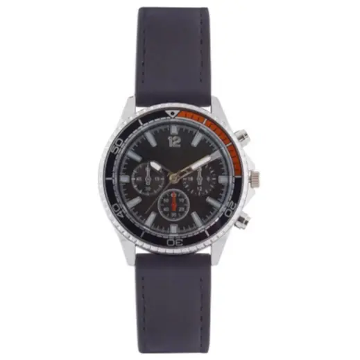 Mens PU Sporty Tach Watch Black-Silver Front