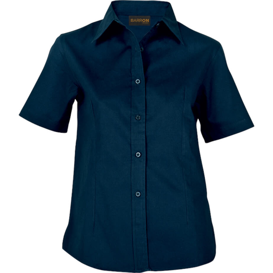 Navy Brushed Cotton Twill Blouse Short Sleeve Ladies