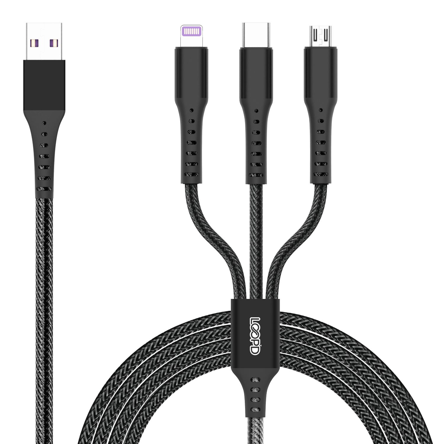 The LOOPD 3 In 1 Multi Cable is suitable for Lightning, Micro-USB and Type C mobile devices. image