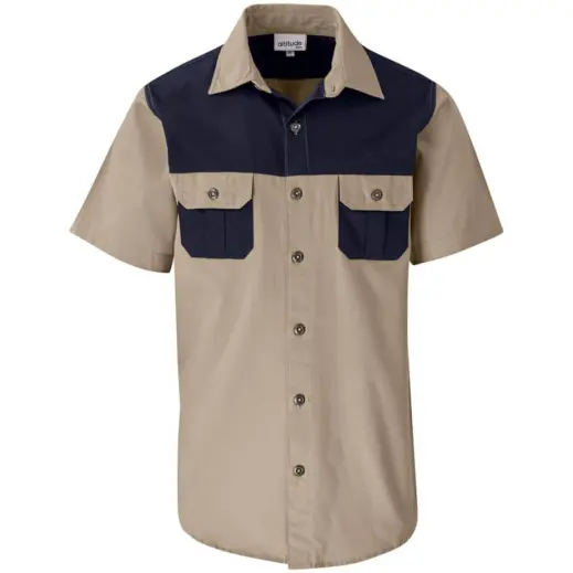 Mens Short Sleeve Serengeti 2-Tone Bush Shirt Stone Front