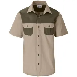 Mens Short Sleeve Serengeti 2-Tone Bush Shirt Stone Military Green Front