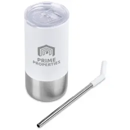 Kooshty Cheerio Double Wall Tumbler & Straw Solid White Branded Image