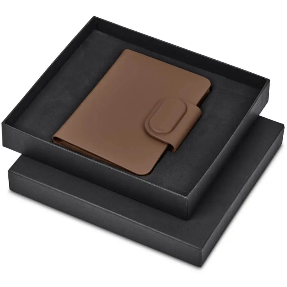 Alex Varga Columbus Global Finder Passport Cover Tan Gift Box Open